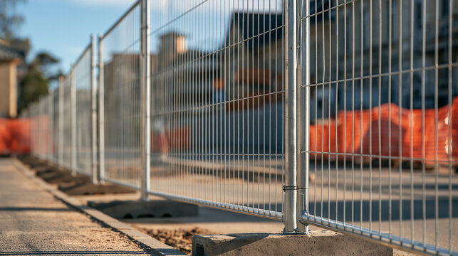 A temporary metal fence blocks a construction site on a city street. This image is ideal for real estate development and urban planning concepts.