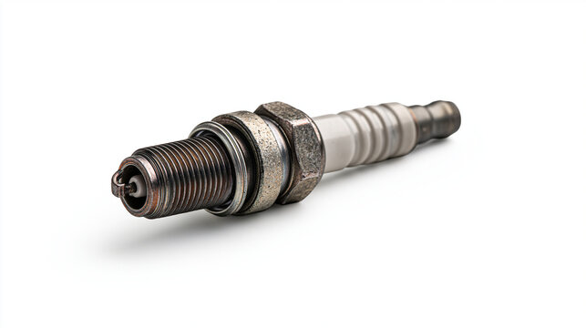 A single used spark plug isolated on white background. Perfect for automotive maintenance and engine repair concepts.