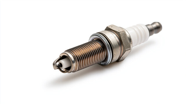 A single automotive spark plug isolated on white background. Car maintenance and engine repair concept.