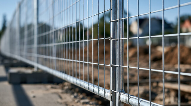 A metal temporary mesh fence surrounds a sunny construction site outdoors. Useful for security, site protection, and urban development themes.