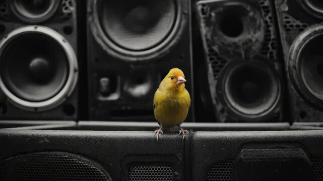 A small yellow bird is perched on the edge of a speaker. The background is blurred with more speakers and electronic equipment.