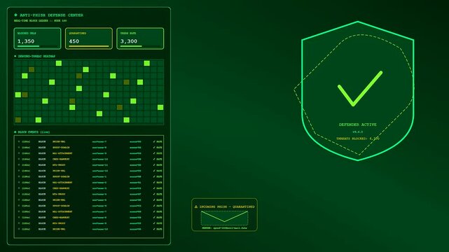 A phishing vector monitoring dashboard displays graphical security threats as the user interface panels track incoming cyber attacks in a sequence of digital data flow animations