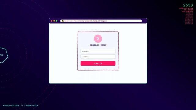 A digital phishing vector visualization displays multiple interface screens with login forms presented against a dark purple backdrop highlighting cyber security threats for modern network monitoring