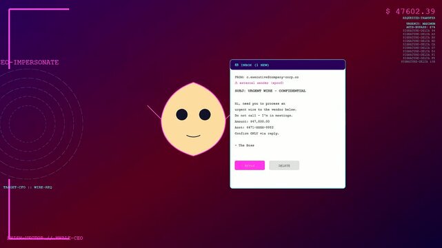 A digital phishing vector animation showing a persistent user interface menu while a stylized circular avatar slowly shifts its expression across three separate screen panels