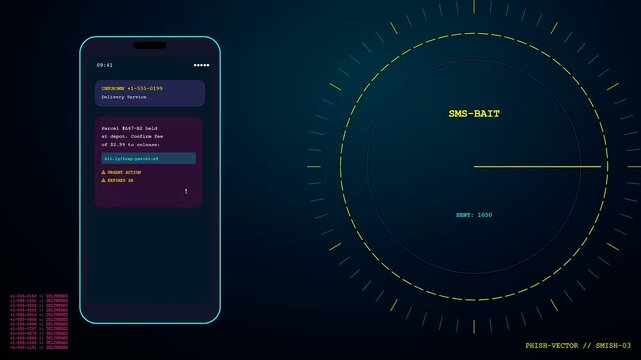 A digital phishing vector displayed on smartphones shows rising numeric counters within glowing radar interfaces meant for monitoring illicit mobile communication threats in a dark environment