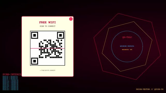 A digital phishing vector displayed on screen with glowing geometric patterns and scanning lines creates a mysterious atmosphere of simulated network surveillance and data interception