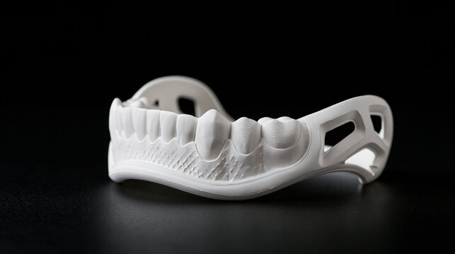 A white 3D printed dental jaw model rests on a smooth dark reflective surface. Perfect for modern digital dentistry and orthodontic technology concepts.