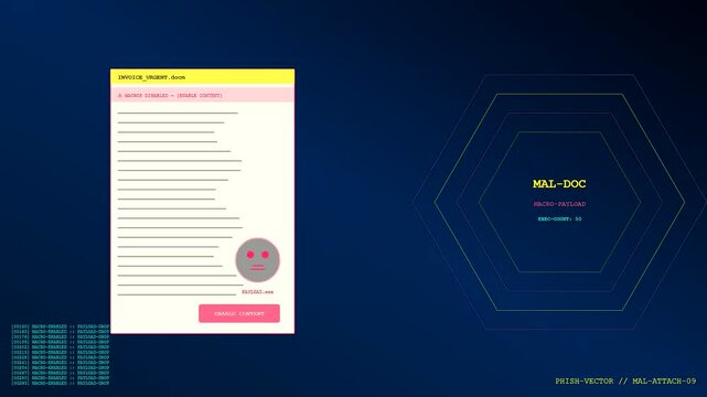 A dangerous phishing vector appears in a digital workspace sequence featuring evolving malware notification alerts displayed as geometric overlays on a dark blue gradient background