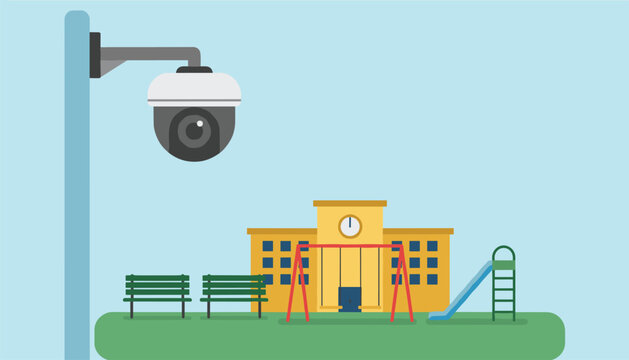 Dome security camera overlooking a school playground with benches, swing set, and slide.