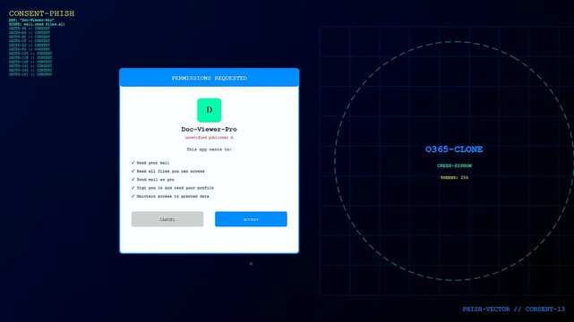 A digital phishing vector interface display captures deceptive consent prompts appearing on a dark screen mimicking a software security update for a remote user terminal