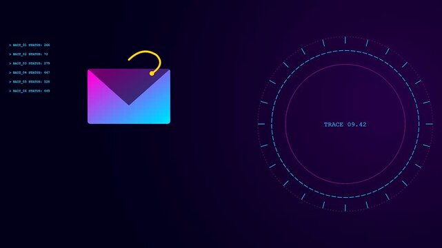 A digital phishing vector icon floats over a circular scanner interface with soft purple light pulses and minimal data lines showing system status updates periodically
