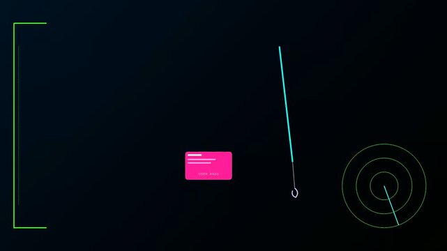 A digital phishing vector showing a credit card interface with radar tracking symbols displayed on a dark virtual interface for monitoring fraudulent transaction data attempts