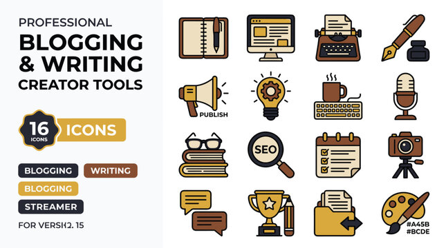 Collection Of Professional Blogging And Writing Icons With Creative Tools