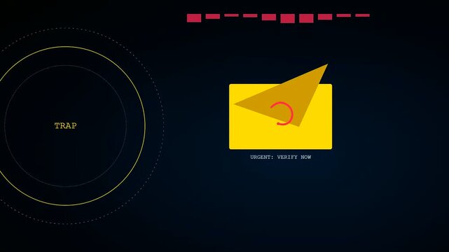 A digital phishing vector animation displays a yellow envelope icon pulsating with warning text and geometric interface markers against a dark empty void background