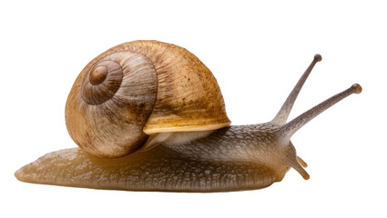 Isolated detailed side view of a brown land garden snail showing its textured body and spiral shell © Cian