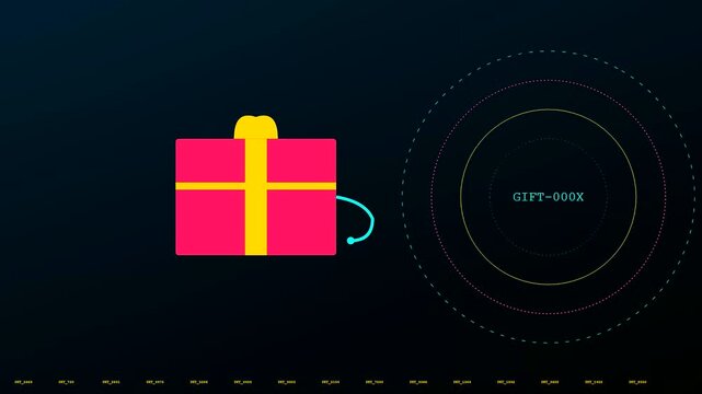 A digital phishing vector icon featuring a pink gift box with yellow ribbon pulsing rhythmic neon radar rings on a dark gradient computer interface screen