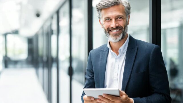 Confident man smiles while holding tablet in office hallway