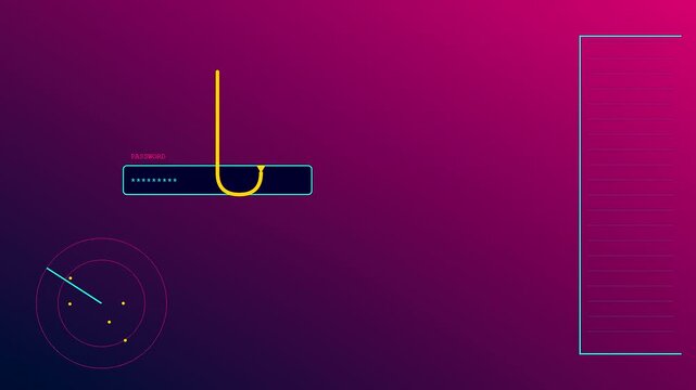 A digital phishing vector animation plays in sequence showing a password entry field with a hook cursor and a scanning radar scope on a gradient purple