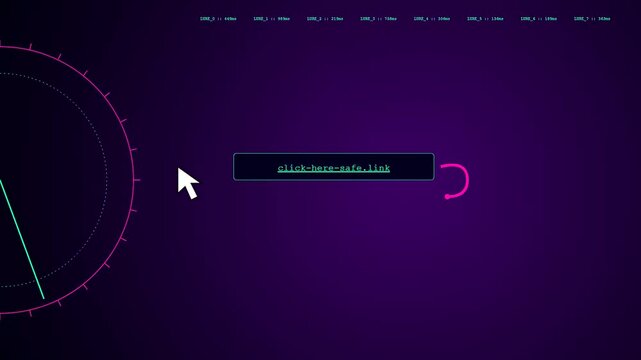 A phishing vector simulation displays on a glowing screen with rotating circular gauges and cursor movement as a user navigates towards a malicious web link address