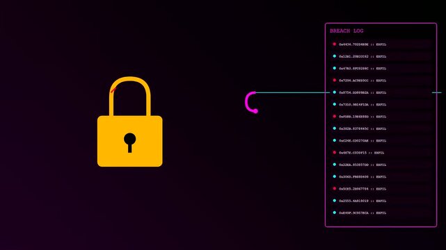 A digital phishing vector animation showing a padlock interface shifting between locked and unlocked states as a breach log updates with glowing lines on dark screens