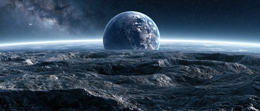 Surreal earth view from alien moon surface with starry night sky