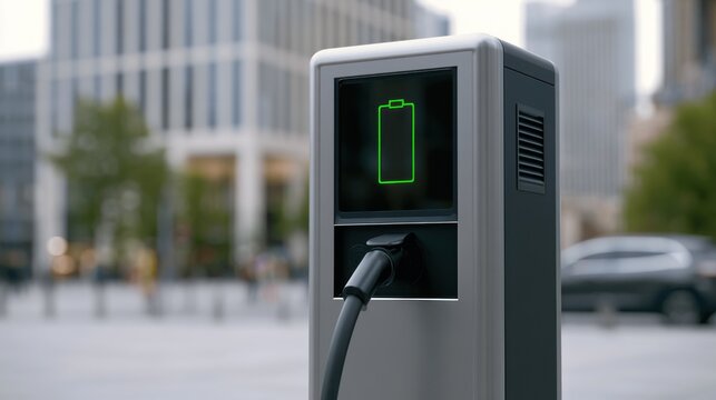 Electric vehicle charging station with battery icon on screen in urban setting
