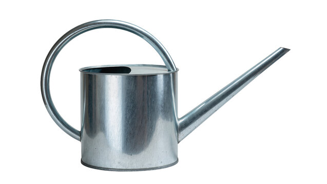 Isolated classic silver metal watering can for home gardening and plant care