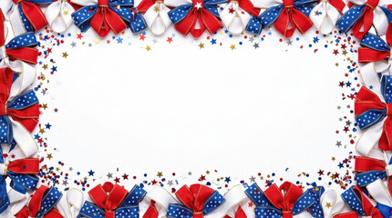 Obraz premium Patriotic red white and blue ribbons and star confetti frame a clean white background in this festive flat lay holiday composition.