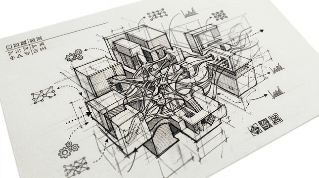 Neural network architecture sketch. Technical diagram of artificial intelligence data structure.