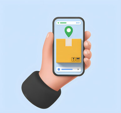 3d illustration of a hand holding a smartphone displaying a package delivery tracking interface