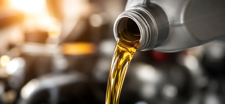 Motor oil pouring from a bottle into an engine, symbolizing lubrication and maintenance. The golden liquid flows smoothly, reflecting sunlight.