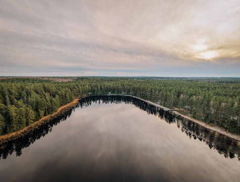 Aerial view of a pristine forest lake with calm dark water reflecting the sky, surrounded by dense evergreen pine forest in the Nordic wilderness of Smiltene, Smiltene Municipality, Latvia.