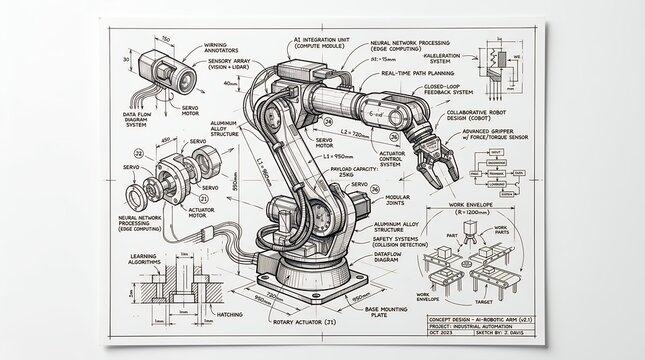 Robotic arm technical blueprint. Industrial automation engineering schematic design.