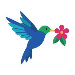 Fototapeta premium Stylized hummingbird flying with a tropical flower in its beak on a plain white background, minimalist nature concept