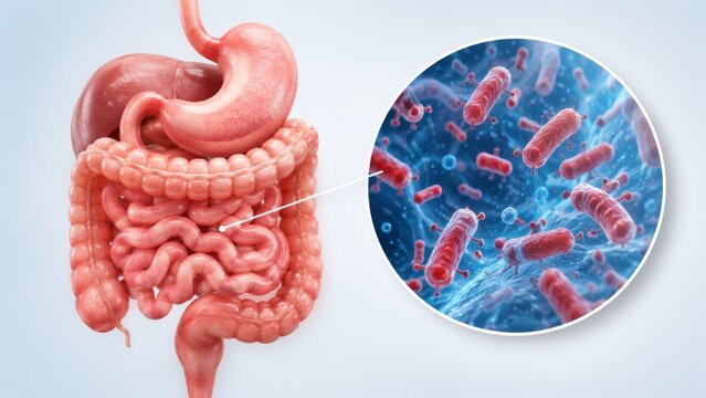 Detailed medical illustration of the human digestive tract highlighting the small and large intestines with a magnified inset showing gut microbiota and bacterial flora