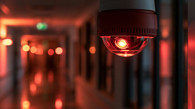 A red ceiling surveillance camera monitors a dark hallway during an emergency alarm. Security breach concept for technology safety ads.