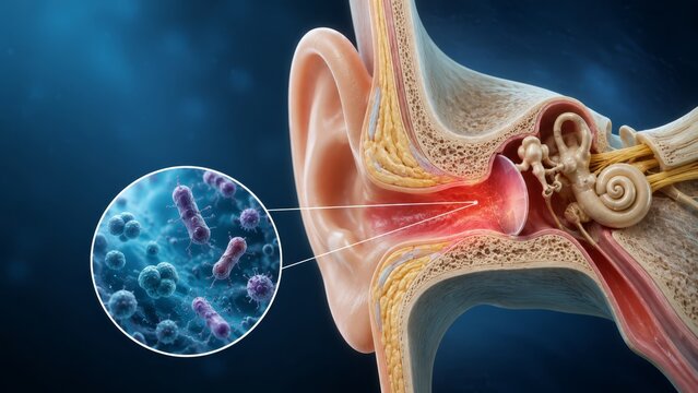 High-resolution cross-sectional medical illustration of the human ear anatomy showing bacterial infection and inflammation in the ear canal and middle ear with magnified pathogens