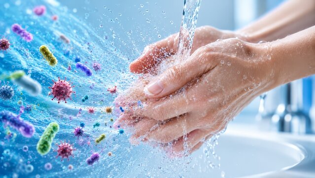 Close-up of hands being washed under running water while illustrated colorful bacteria, viruses, and microbes are rinsed away, emphasizing hand hygiene and germ removal.