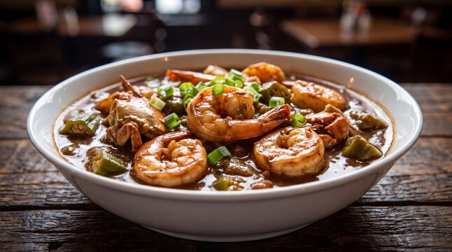 American Seafood Gumbo dish featuring grilled prawns inside rich brown roux broth topped with sliced okra and scallions