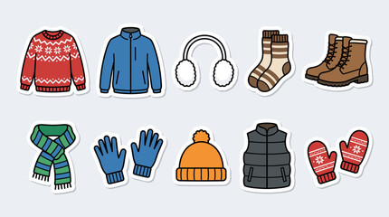 Collection of colorful winter clothing and accessories stickers, including sweaters, jackets, earmuffs, socks, boots, scarves, gloves, beanies, vests, and mittens. © hudannrmtqn