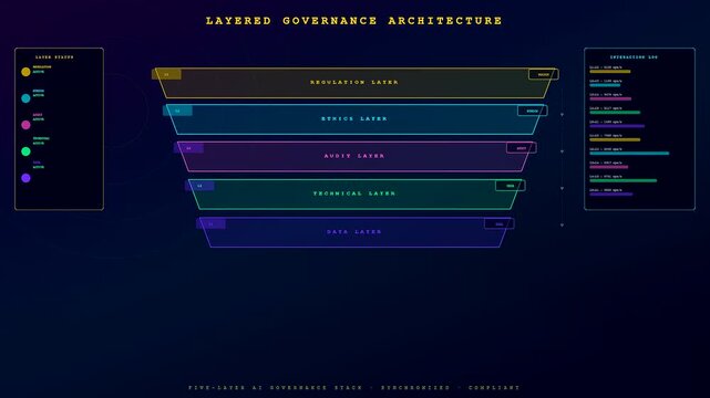 Innovative ai accountability frameworks display in a sequence of digital interface panels showing layered structural design elements emerging within a dark glowing minimalist software environment
