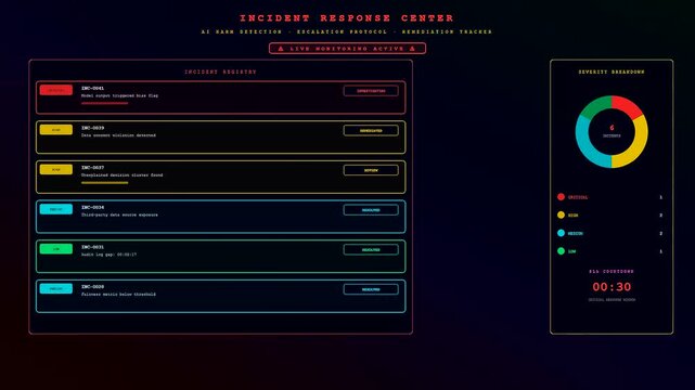 An interactive cyber security dashboard implements AI Accountability Frameworks by dynamically updating incident logs and threat levels during a critical system risk assessment