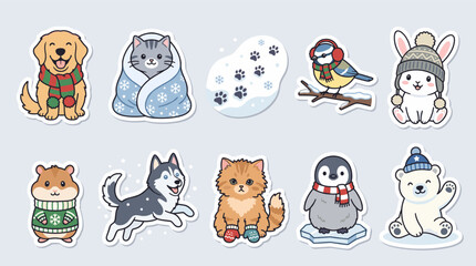 Cute cartoon winter animals sticker set featuring a golden retriever, cat, hamster, husky, penguin, polar bear, bird, and bunny in snowy scenes. © hudannrmtqn