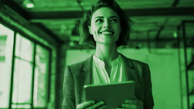 A woman dressed professionally with a smile on her face in an office environment holding a tablet.