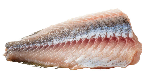 Isolated fresh raw fish fillet with skin and scales, healthy uncooked seafood preparation ingredient