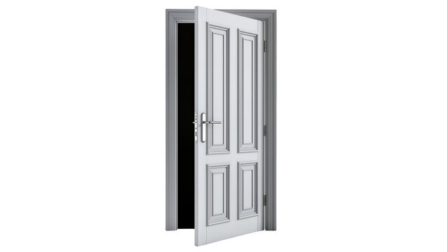 Isolated white classic interior door slightly open with a silver handle and grey frame