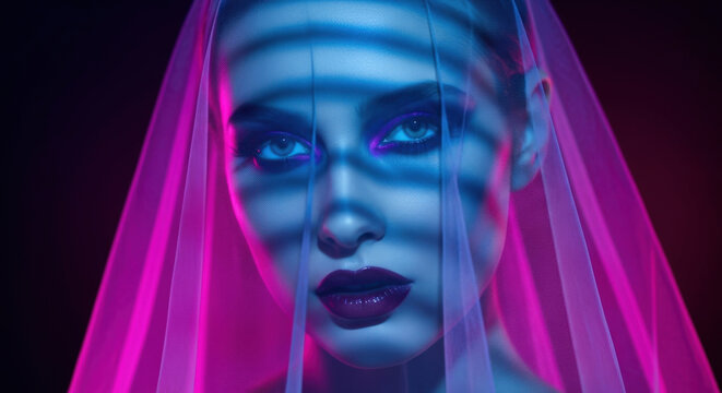 Portrait of beautiful girl looking at camera through sheer fabric with stripes of light and shadows deep purple and neon blue dramatic lighting.