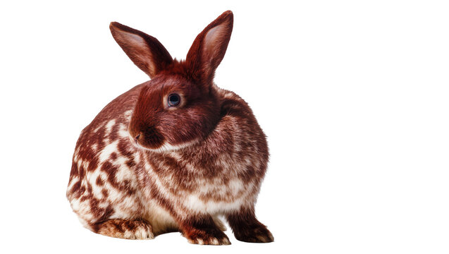 Isolated brown and white spotted domestic rabbit with blue eyes sitting quietly