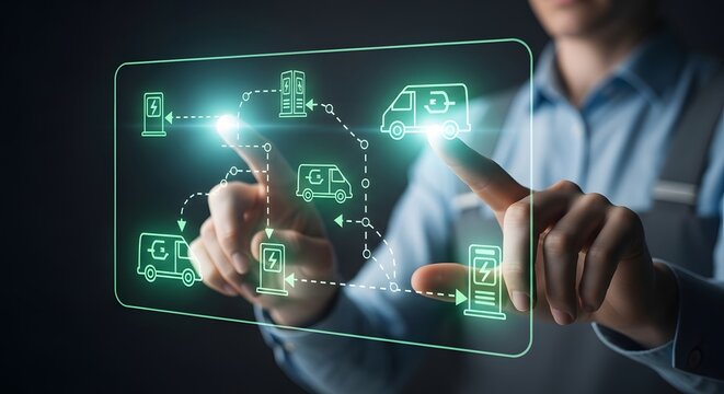 Innovative concept of a person managing a smart electric vehicle charging and logistics network, showcasing future sustainable transportation technology and digital infrastructure control
