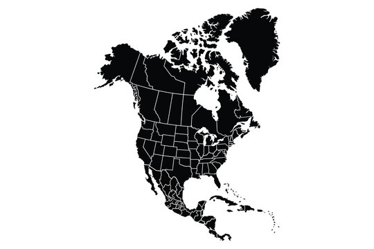 Black silhouette map of north america with national borders continent countries